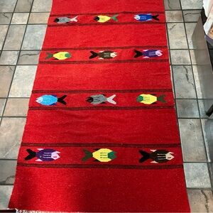 Colorful Fish Pattern Red Rug Hand Woven Zapotec Mexcio 77x42 Fish